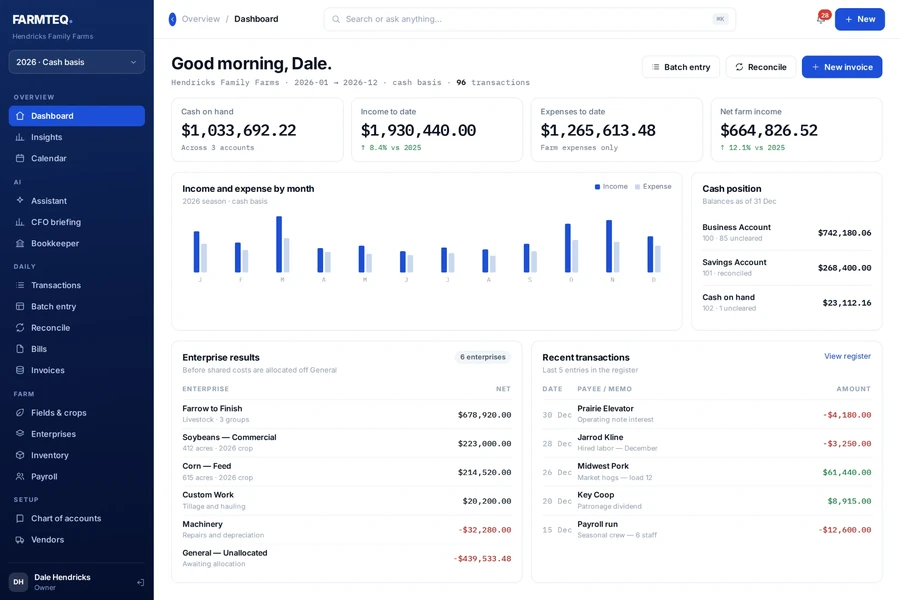 FarmTeq dashboard — cash on hand, income and expense by month, enterprise results and recent transactions