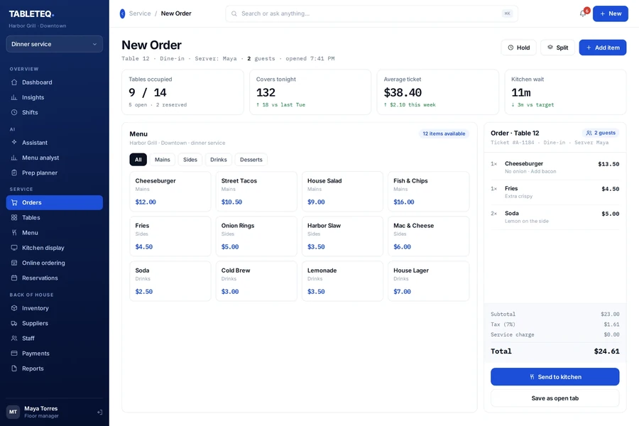 TableTeq order screen — menu grid and a running table ticket with subtotal, tax and send-to-kitchen
