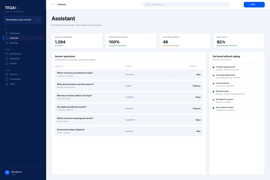 TeqAI assistant answering questions from real records with citations
