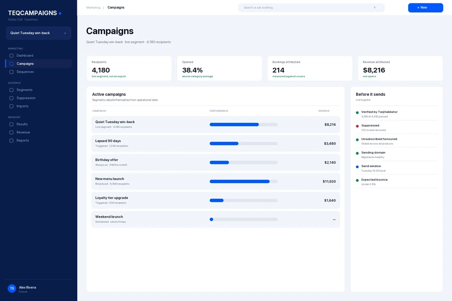 TeqCampaigns — live segments measured against attributed revenue