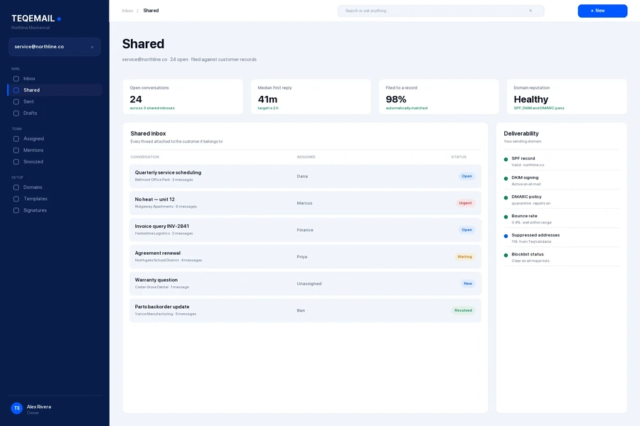 TeqEmail shared inbox — every thread filed against its customer record