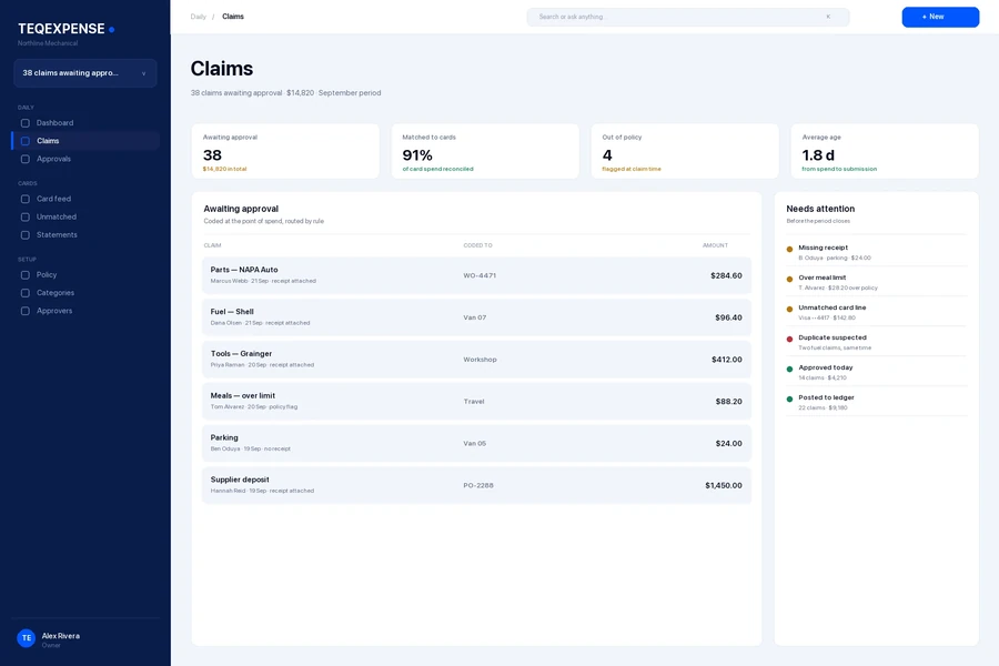TeqExpense claims awaiting approval, coded at the point of spend