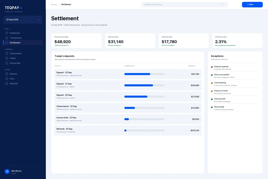 TeqPay settlement — deposits matched back to the transactions inside them