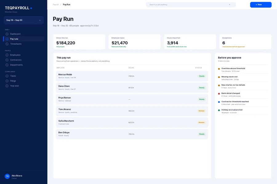 TeqPayroll pay run — hours imported from operations with exceptions flagged for review
