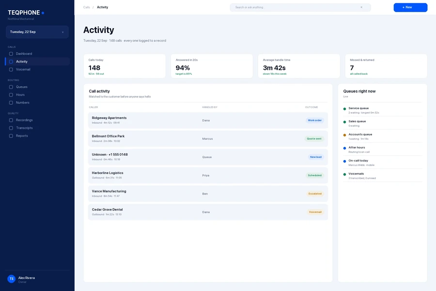 TeqPhone call activity — inbound and outbound calls logged to records