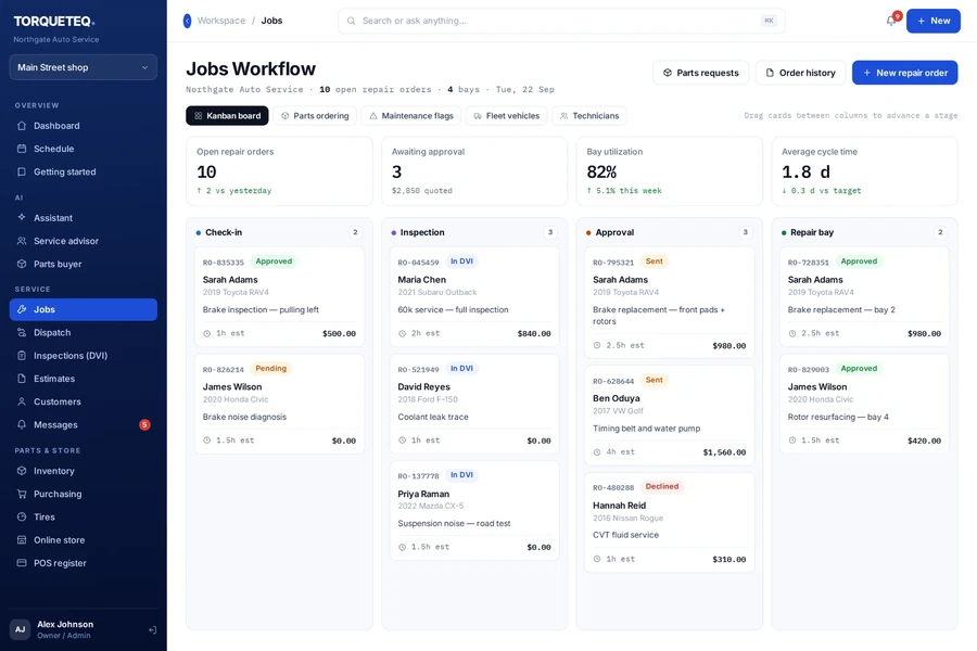 TorqueTeq jobs workflow — repair orders moving across check-in, inspection, approval and repair bay columns